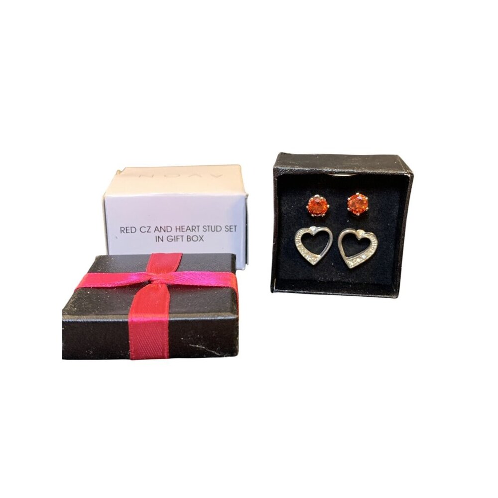 Avon Silver Tone, Red CZ & Heart Stud Pierced Earrings Gift Set (1573-A-B-C)